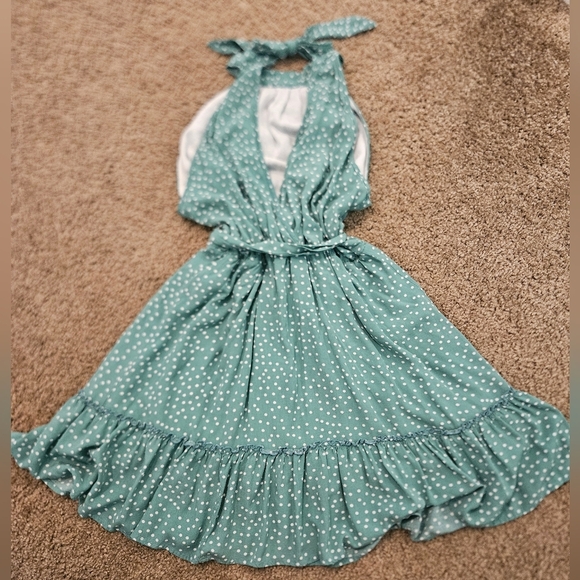 Drape & Ruffle Detailed Green & White Polka Dot Dress, Size Large - Picture 5 of 7